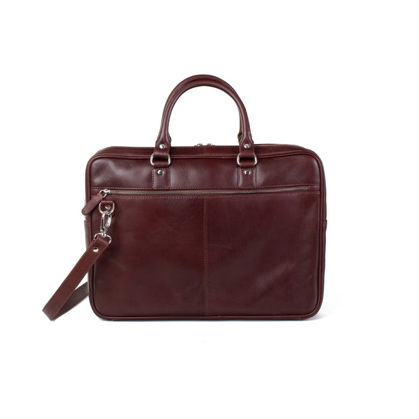 The West End Slim Leather Laptop Bag by Tradevia is on a white background.