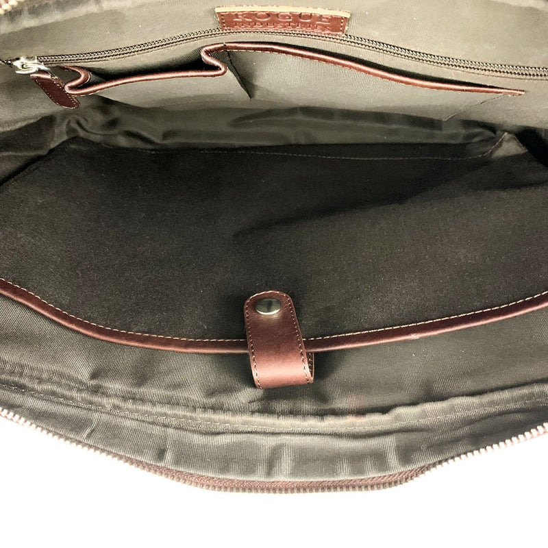 The inside of a Tradevia West End Slim Leather Laptop Bag.